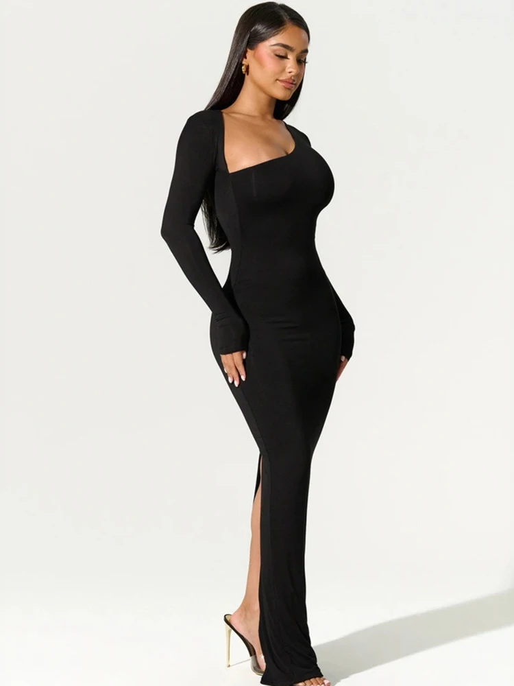 Sexy Black Evening Party Dress Women Elegant Fall Winter Outfits Asymmetrical Long Sleeve Night Club Party Split Maxi Dresses 3