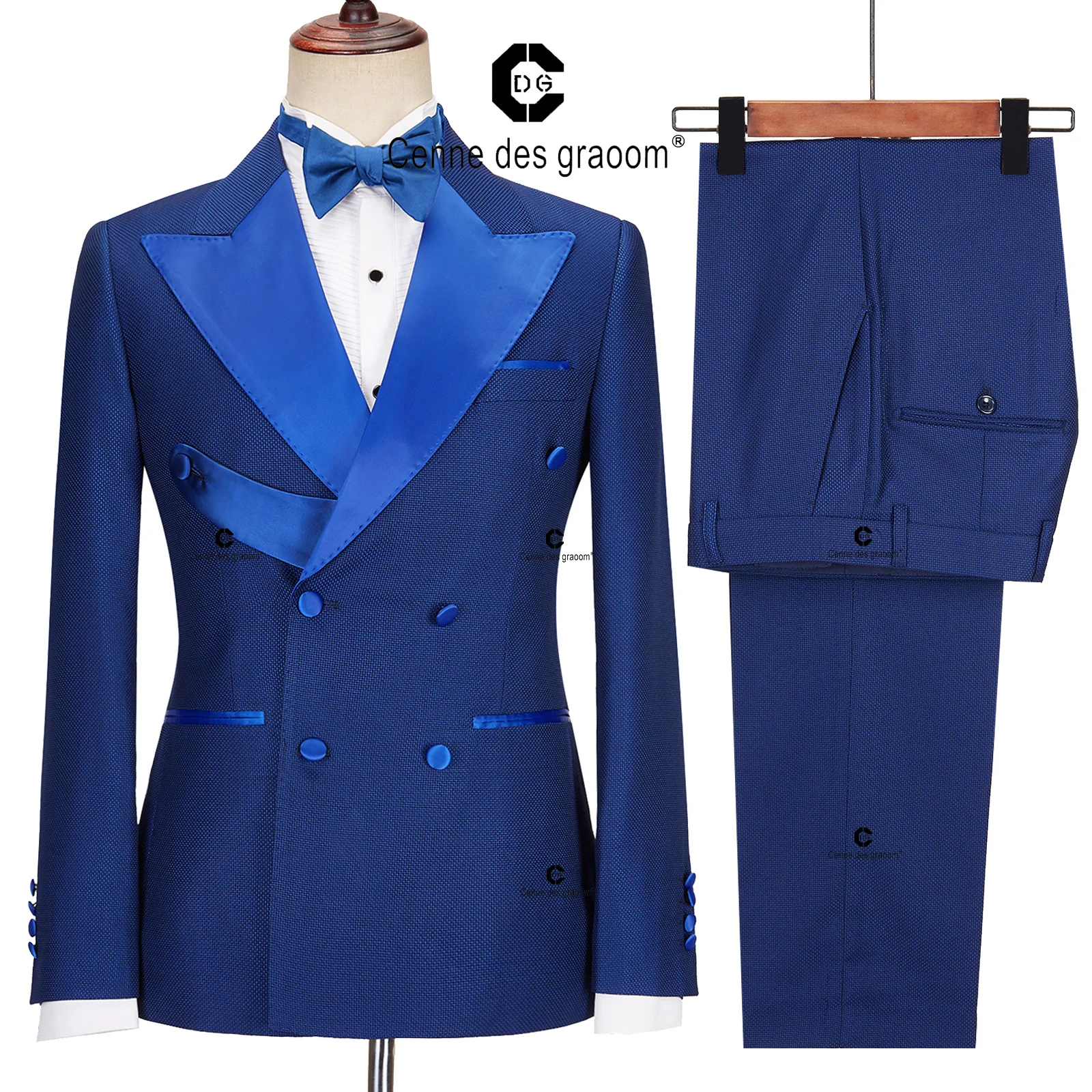 

Cenne Des Graoom 2024 New Elegant Tuxedo Suits for Men Double Breasted Royal Blue Satin Collar Jacket Pants 2 Pcs Set Wedding