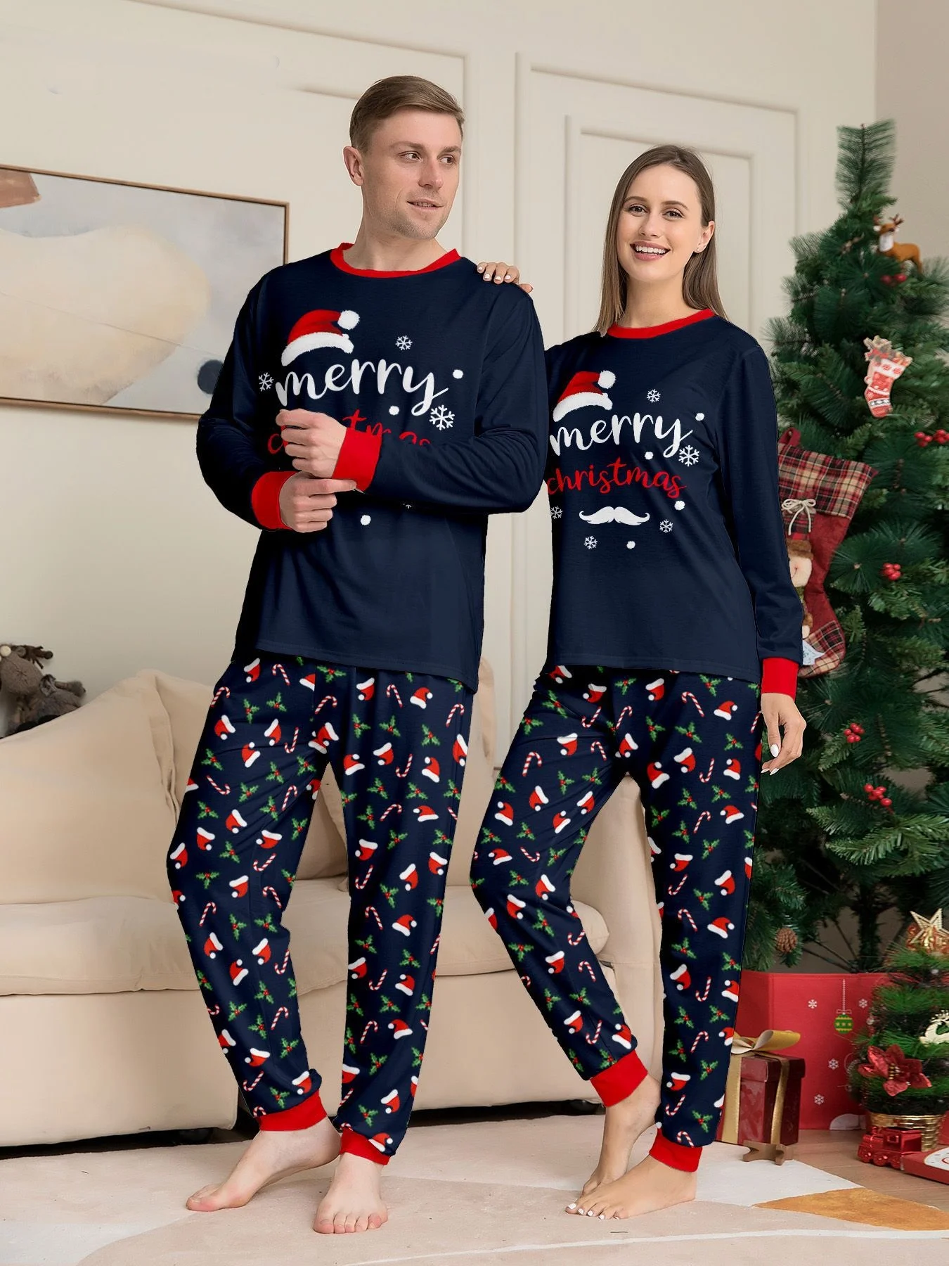 Christmas Family Matching Outfits Mother Father Kids Pajamas Set Santa Hat Print Loose Xmas Sleepwear Baby Romper Dog Clothes 2