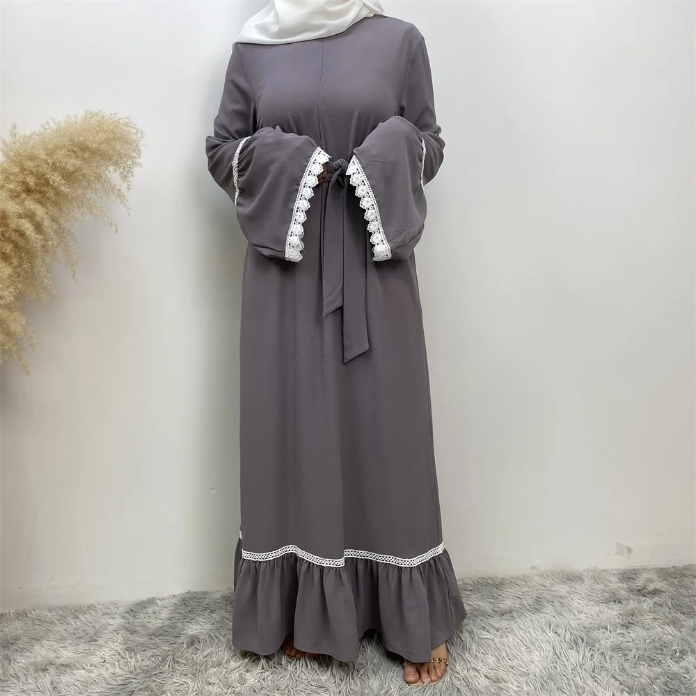 فستان فضفاض للنساء في الشرق الأوسط ، دانتيل أبيض ، أكمام طويلة ، نمط سحاب ، شائع ، مرقع ساخن ، دبي ، تركي ، إسلامي ، موضة جديدة ، رائج