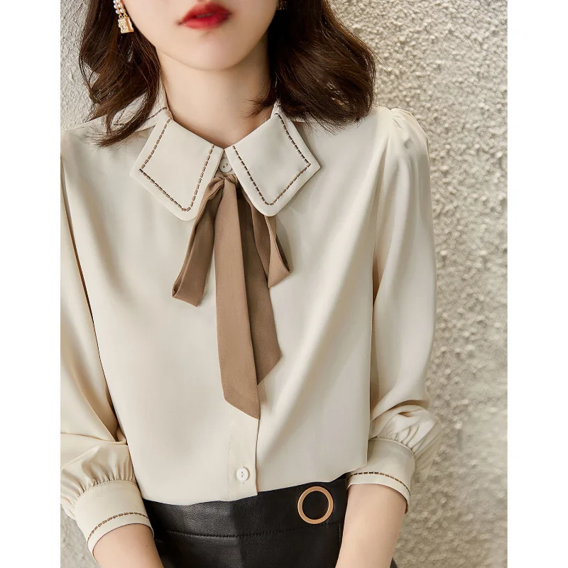 

Autumn Lace Up Peter Pan Collar Shirt Women Long Sleeve Korean Style Single-breasted Chiffon Shirt Tops Mujer Blusa Feminina