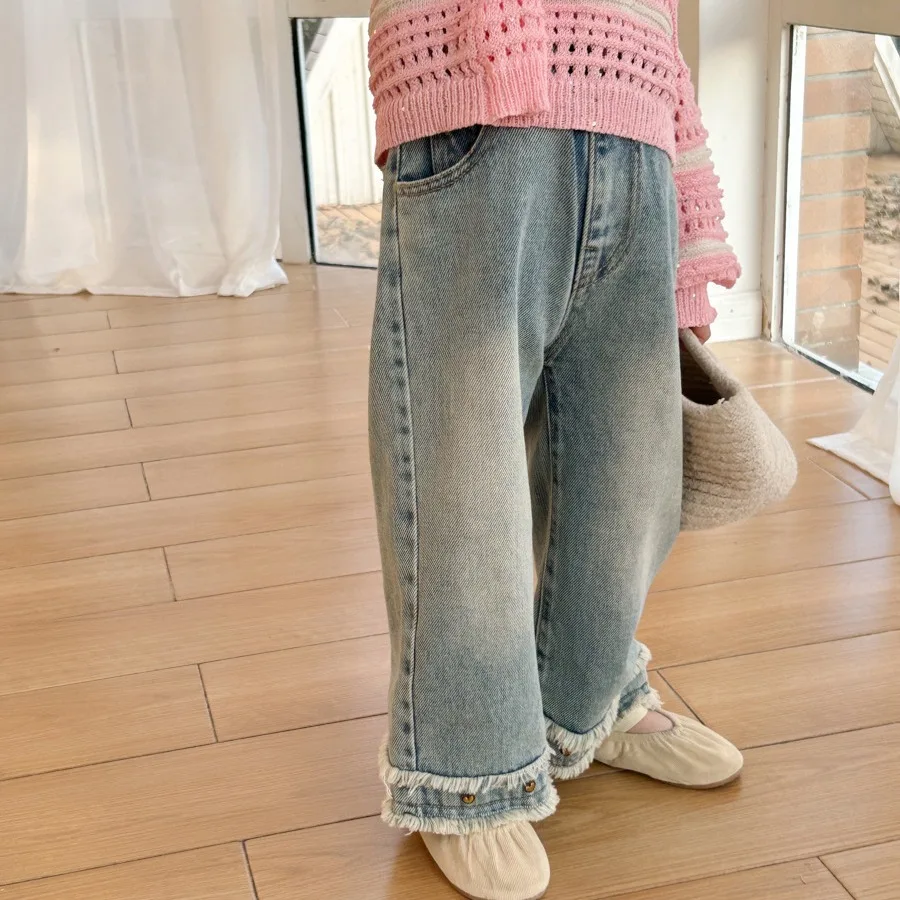 

Girls 2024 Spring New Fashionable Spliced Ragged Edge Straight Pants Children's Washed Old Wide Leg Jeans