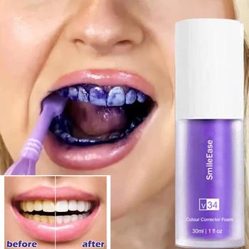 치아 미백 얼룩 제거 치약, V34 보라색, 황변 감소, 잇몸 신선한 호흡 치아 구강 관리, 30ml