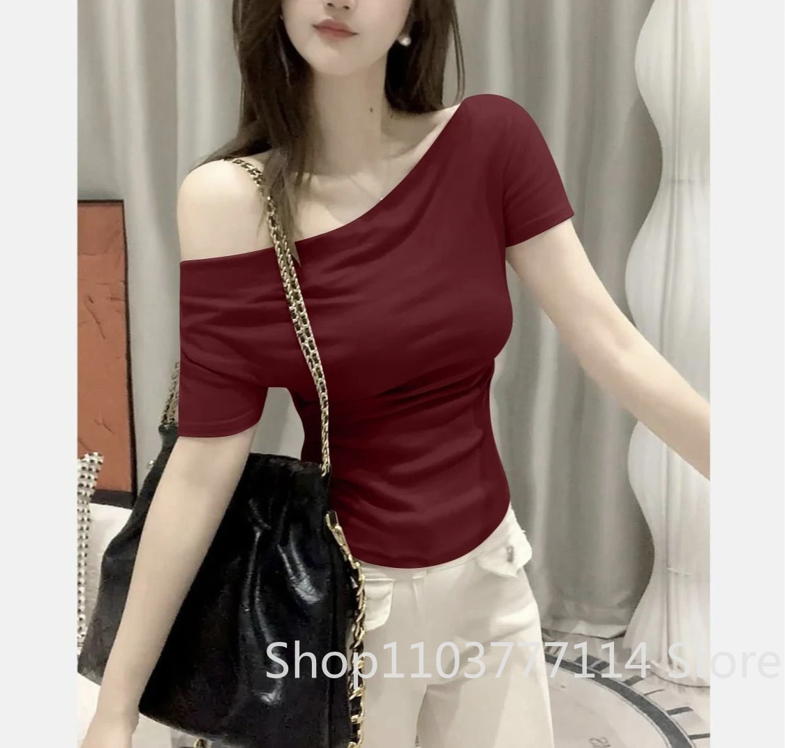 Summer Off Shoulder Top Women Summer Fashion Versatile Base Shirt Plus Size Slim Fit Short-sleeved T-shirt Casual and Sexy Beach