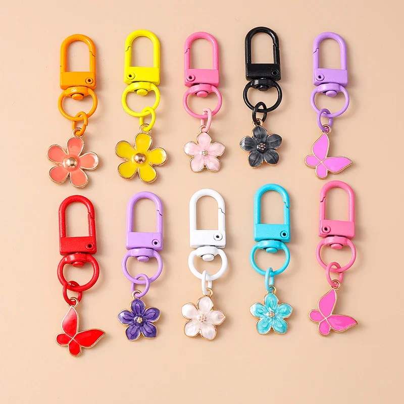 Cute Enamel Flower Keychain Butterfly Key Ring Pendant for Women Girls Handbag Decor DIY Handmade Jewelry Gift