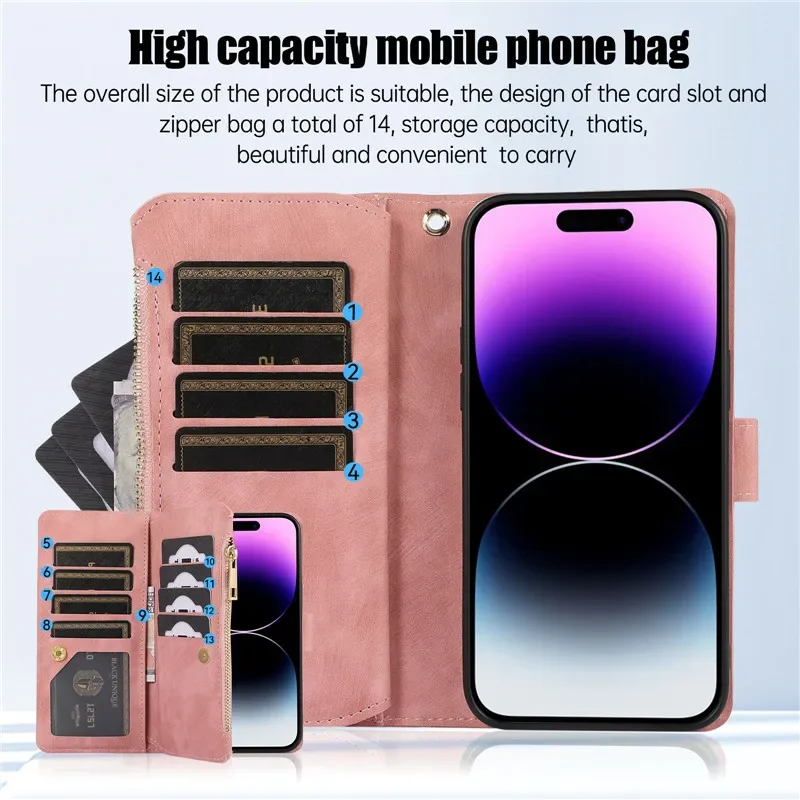 Lanyard Leather Zipper Wallet Card Phone Case for iPhone 15 14 Pro Max 13 12 11 SE 2022 XS XR X 8 7 6 6S Plus Flip Stand Cover