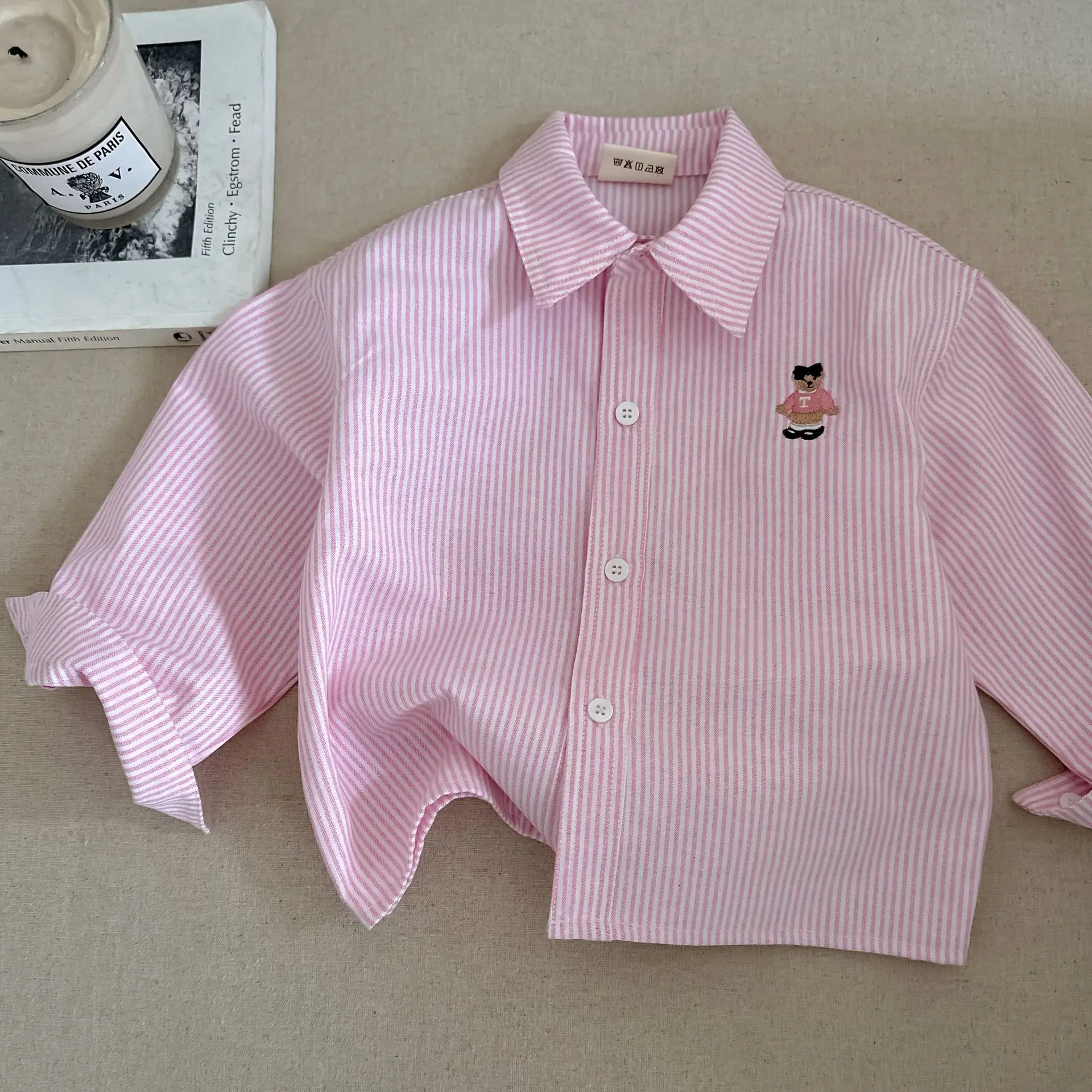 2025 Spring Autumn Girls Boys Casual Stripe Long Sleeve Cotton Blouse with Embroidery Bear Three Colors - Image 4