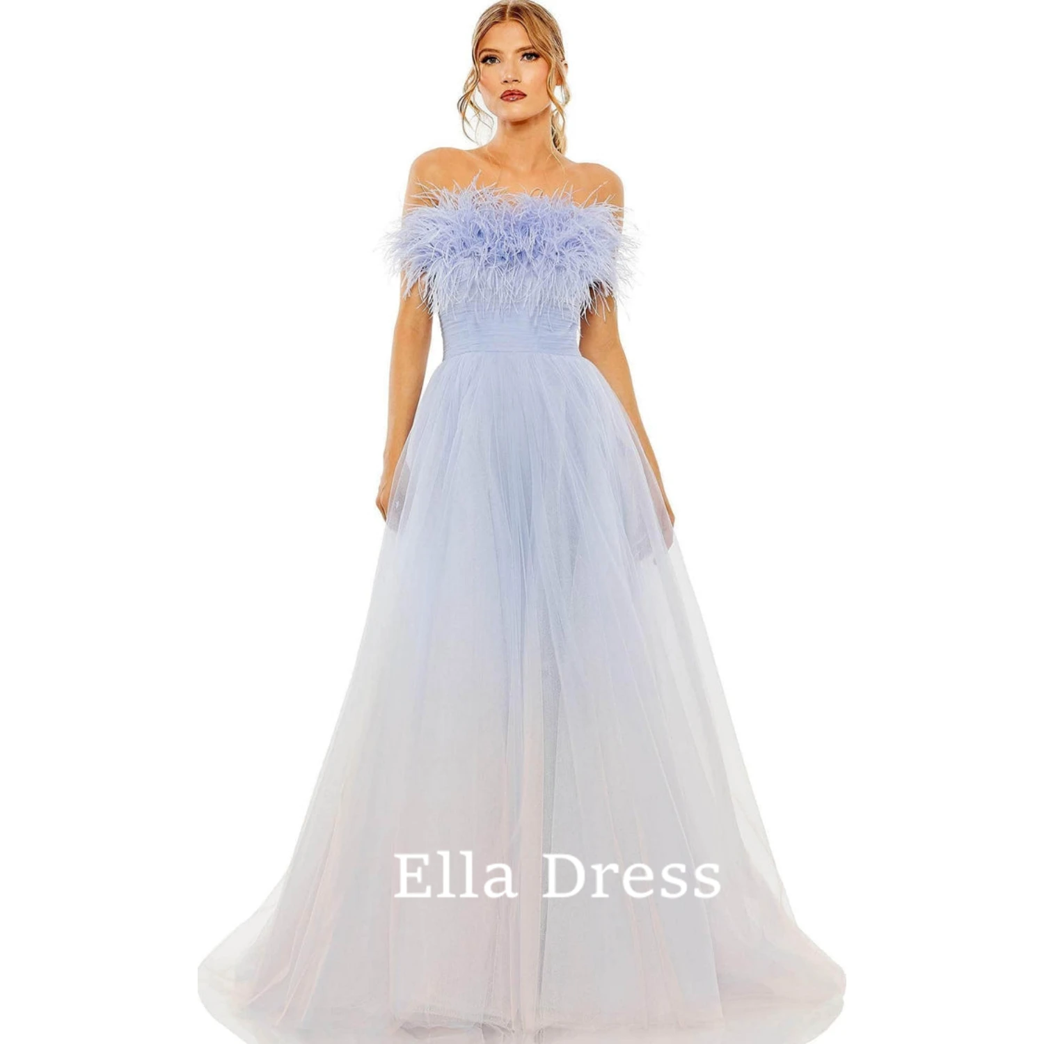 

Ella One-line Off-the-shoulder Feather Detail Strapless Ball Gown Special Occasion Dress Blue Ombre Luxury Evening Dresses 2023