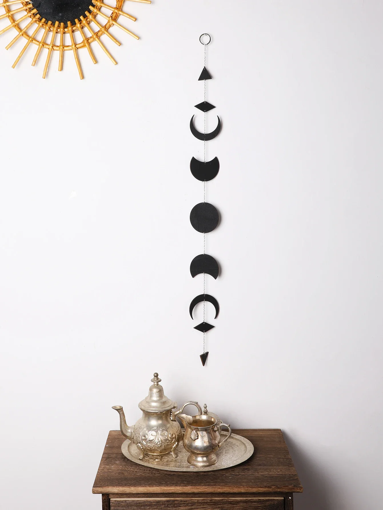 Black Moon Phase Wall Hanging Boho Room Decor Wood Moon Garland Wall Art Living Room Bedroom Nursery Office Apartment Decoration