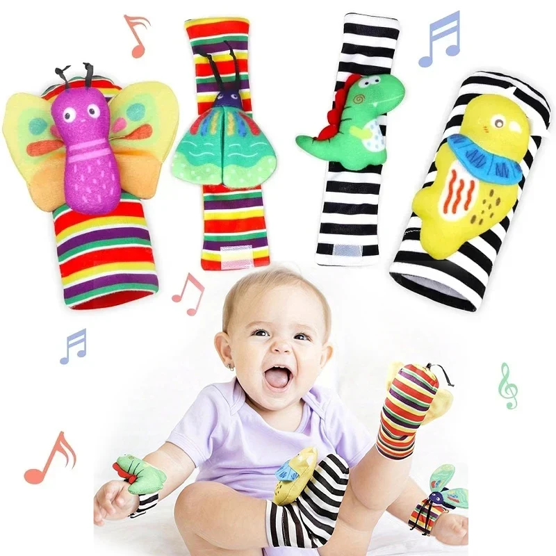 

4pcs 0-12 Months Baby Rattles Toys Animal Socks Wrist Strap +Rattle Baby Foot Socks Bug Wrist Strap Toddler Socks Pacifier Toys