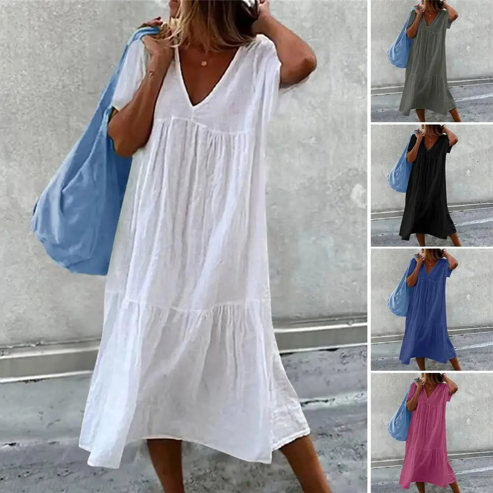 

Женское летнее платье свободного кроя, плиссированное ТРАПЕЦИЕВИДНОЕ ПЛАТЬЕ С V-образным вырезом и короткими рукавами, Повседневное платье миди до середины икры в стиле пэчворк