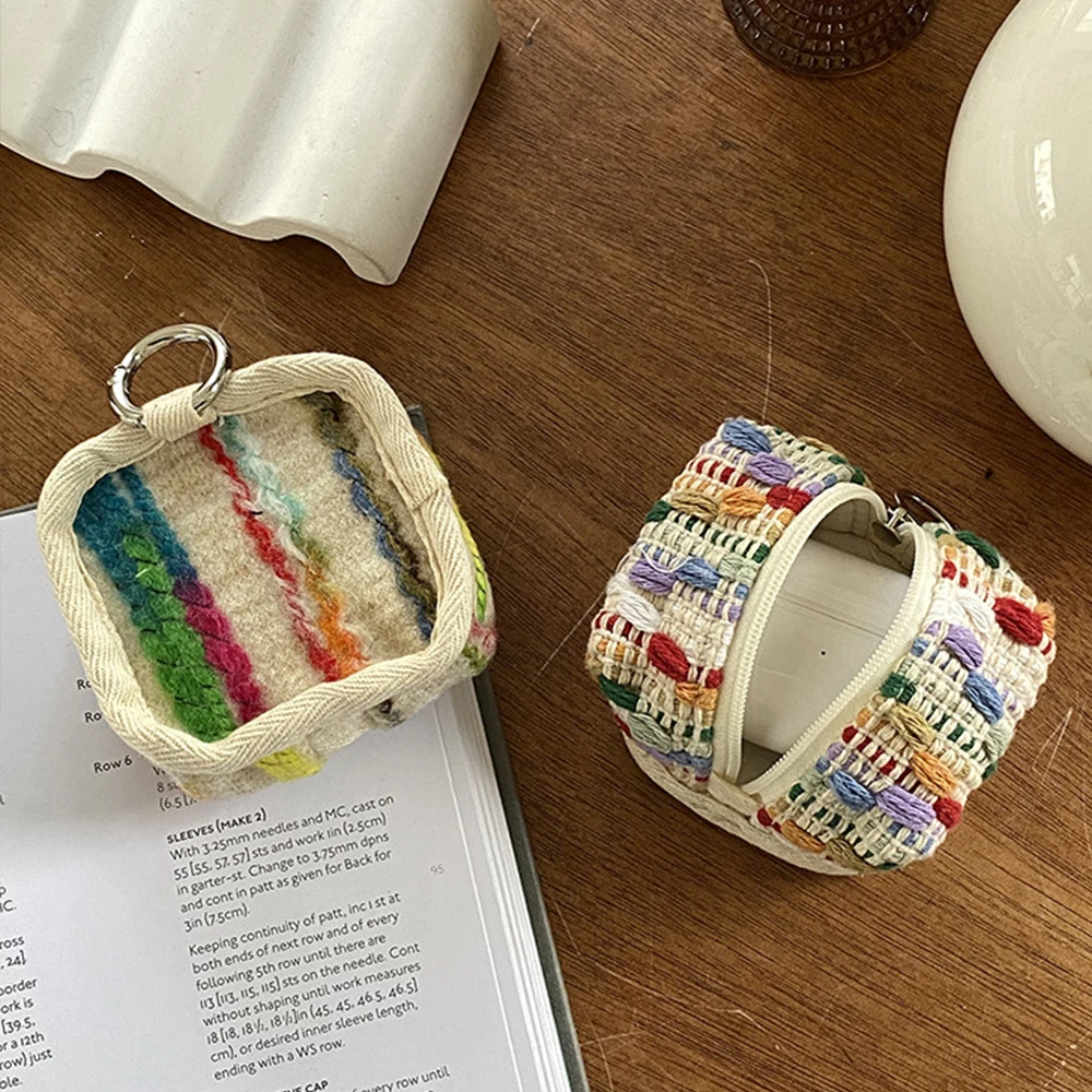

Portable Headphone Bag Embroidery Floral Keychain Storage Bag Coin Purse Wallet Headphone Protection Case Make Up Bag
