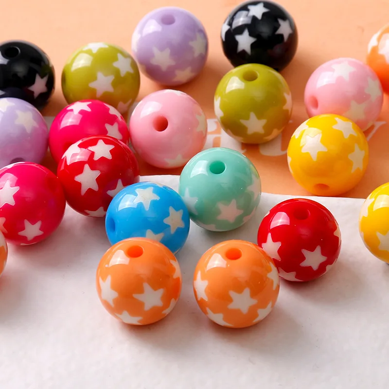 

Newest 16mm 40pcs Colorful Solid Acrylic Resin Gumball Beads with white Stars Ornament Accessory Material Necklace Bracelets DIY