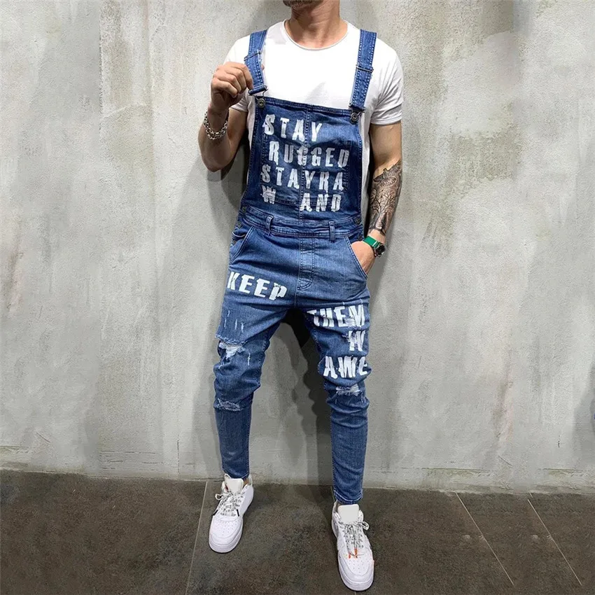 

Jeans Ankle 2023 Length Men's Printing Pants Fashion Men Suspender For Distressed Jumpsuits Bib Letter Ripped Overalls Denim