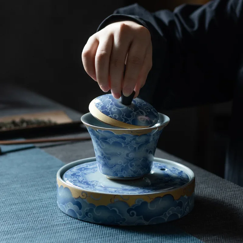 Qingyun Moon Cover Bowl Handmade Kiln Baked Colorful Ceramic Three-Force Cover Bowl Household Kung Fu Tea Cup Gaiwan Tea Set
