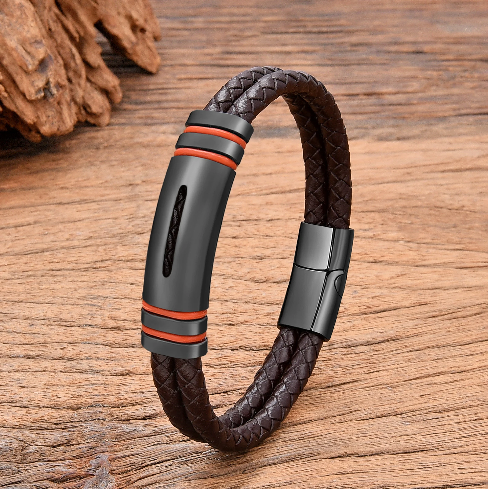 Bracciale Navigator in Pelle Intrecciata da Uomo con Piccole Perline Personalizzate in Oro Vermeil
