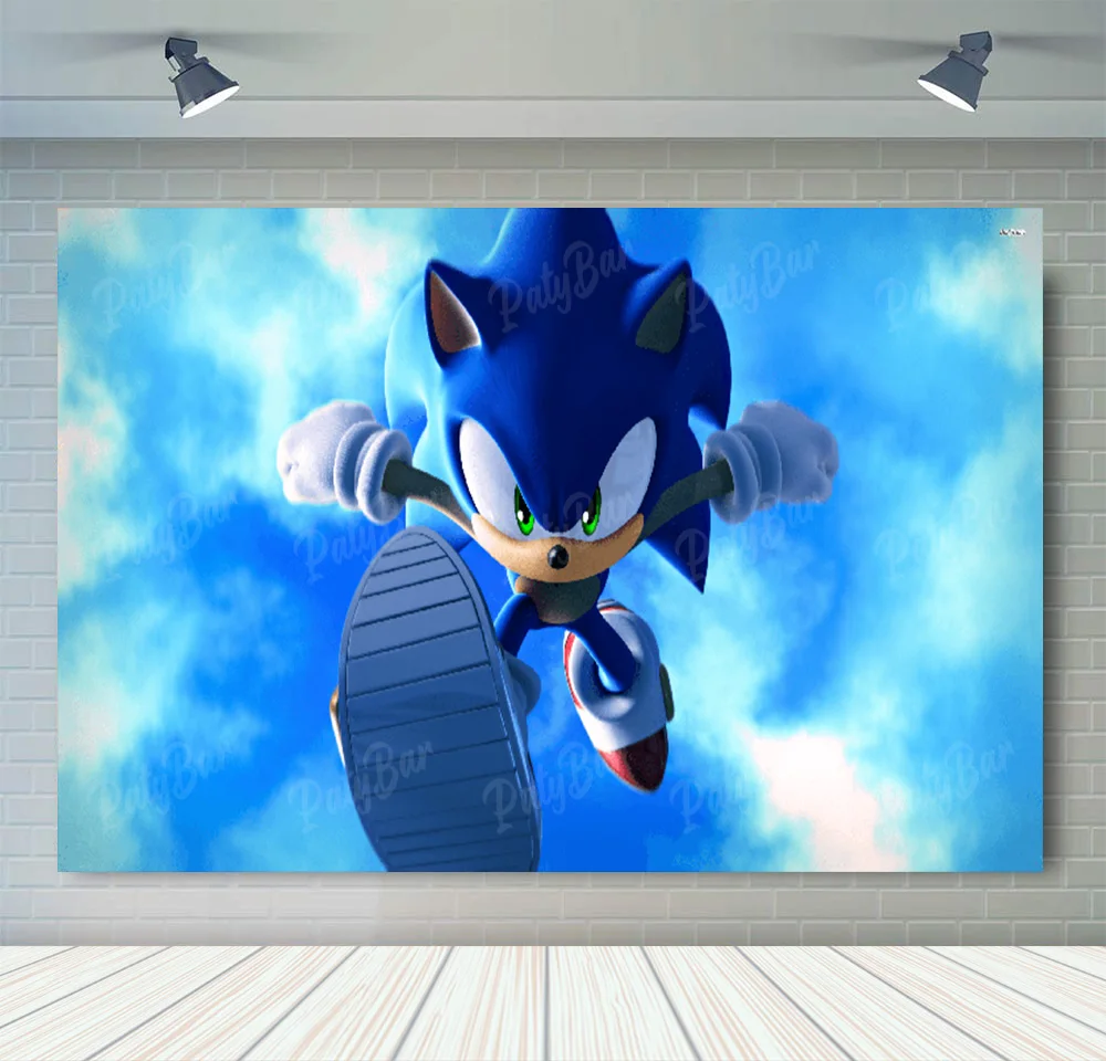 thumbnail image 1 of Fondo de fotografía de Sonic, el erizo de velocidad, héroe corredor, fondo de fotografía de dibujos animados para cumpleaños de niños, accesorios de vinilo de poliéster rojo y azul, 1 of 5