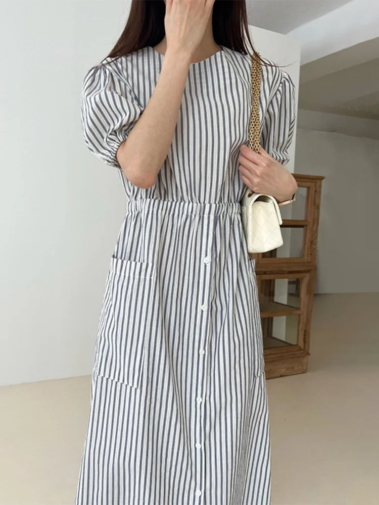 

Striped Shirt Dress For Women Single Breasted Pocket Patchwork Lantern Sleeve Korean Dresses 2023 Summer New Tide Vestido Y960