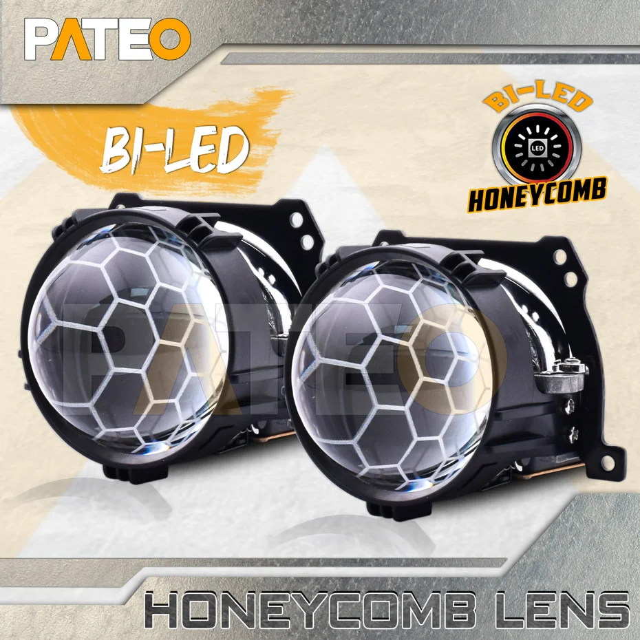 

Bi-LED Projector Headlight Retrofit Soccer Honeycomb Etching Lenses Kit for Hella 3R LED High Low Beam Upgrade Module Car Tuning