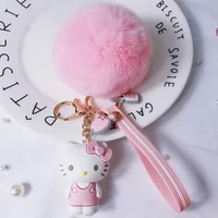 Hello Kitty Sanrio Kuromi Penguin Frog Dog Cat Cute Keychains with Fluffy Rabbit Fur Ball Women Girl Bag Pendant Keyring Gifts 2
