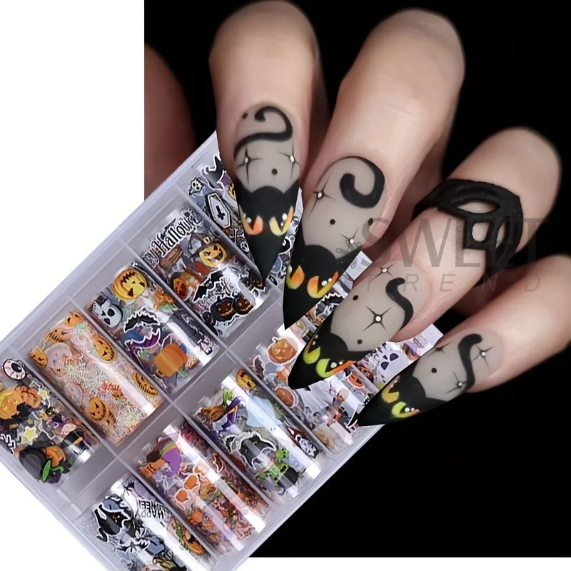 10 Rolls Cartoon Halloween Transfer Nail Foils Black Cat Bat Pumpkins Wiches Starry Sky Paper 2025 Holiday Decor Manicure Decals