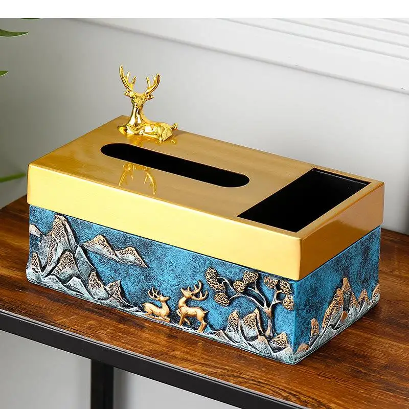 

Iron Art Resin Tissue Box Rectangular Tissue Storage Box Deer Decoration Napkin Holder Multifunction Remote Control Storage Box