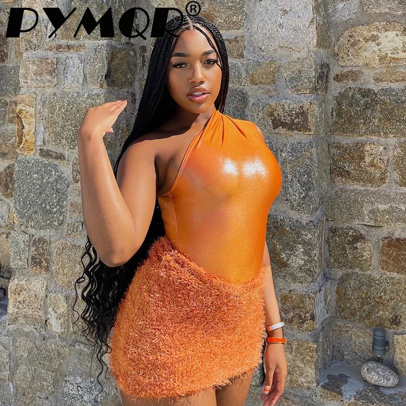 PYMQR 2023 Summer Sexy Slim Fit Shiny Leather Bodycon Knitted Wool One Shoulder Short Skirt Two Piece Set Party Club Outfits