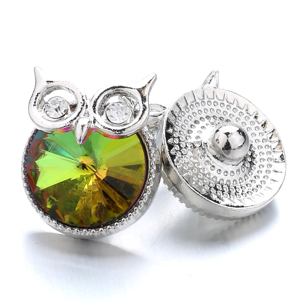 20pcs Colorful Rhinestone Metal Owl Snap Button Fit 18mm Snap Button Bracelet Necklace Charm Jewelry