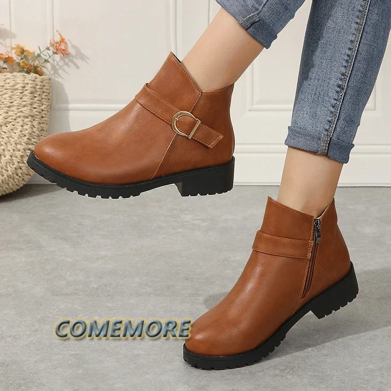 Ladies Shoes 2025 Trend Western Female Platform Round Toe Solid