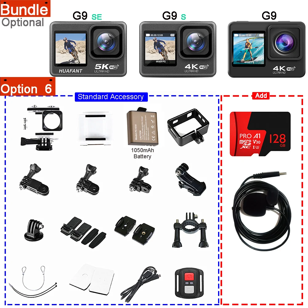 thumbnail image 1 of Cámara de acción G9SE 5K30fps 4K60fps 50MP 2,0 LCD táctil EIS DVR cámara web pantalla Dual Wi-Fi 170D impermeable 30M 5X Zoom cámara deportiva, 1 of 4