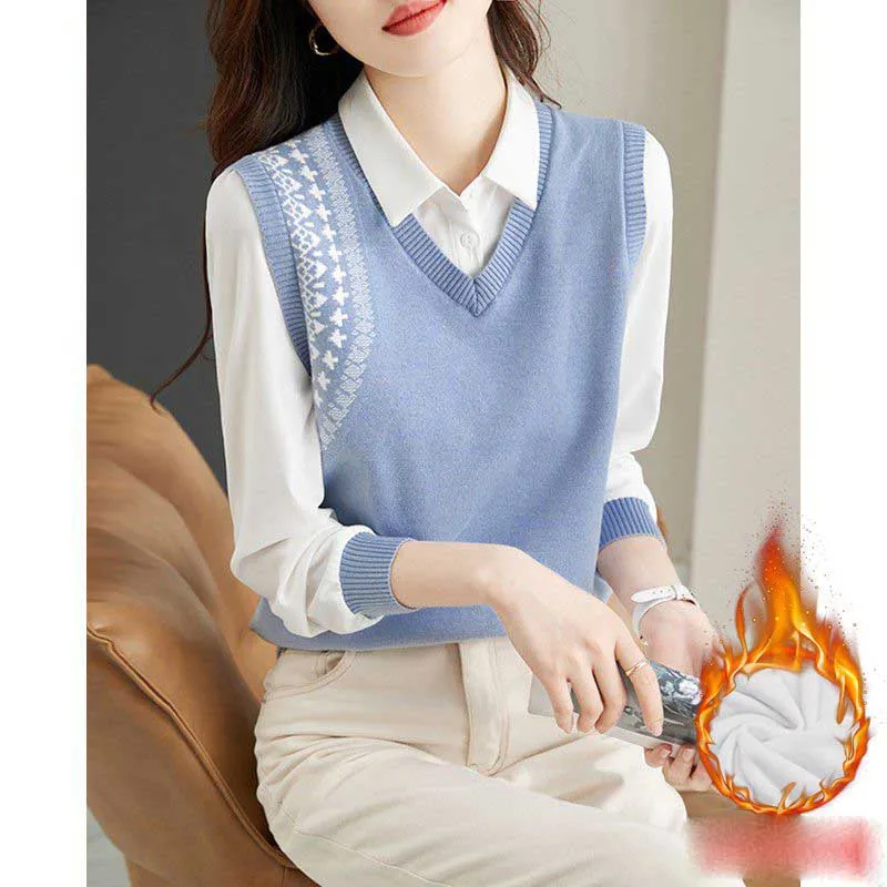 Fashion Lapel Spliced Knitted Fake Two Pieces Blouses Women's Clothing 2023 Winter Loose Commuter Tops Korean Warm Shirts luxury women suits 3 pieces one button formal blazer pants vest feather bead peaked lapel plus size tailored mother of the bride