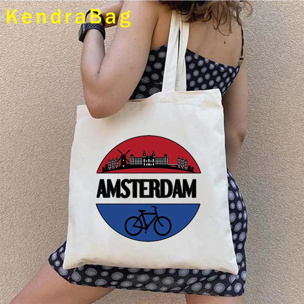 Amsterdam Canal Houses Skyline Landmark Netherlands Windmill Holland Vintage Travel Shopper Harajuku Canvas Tote Bag Eco Handbag 2