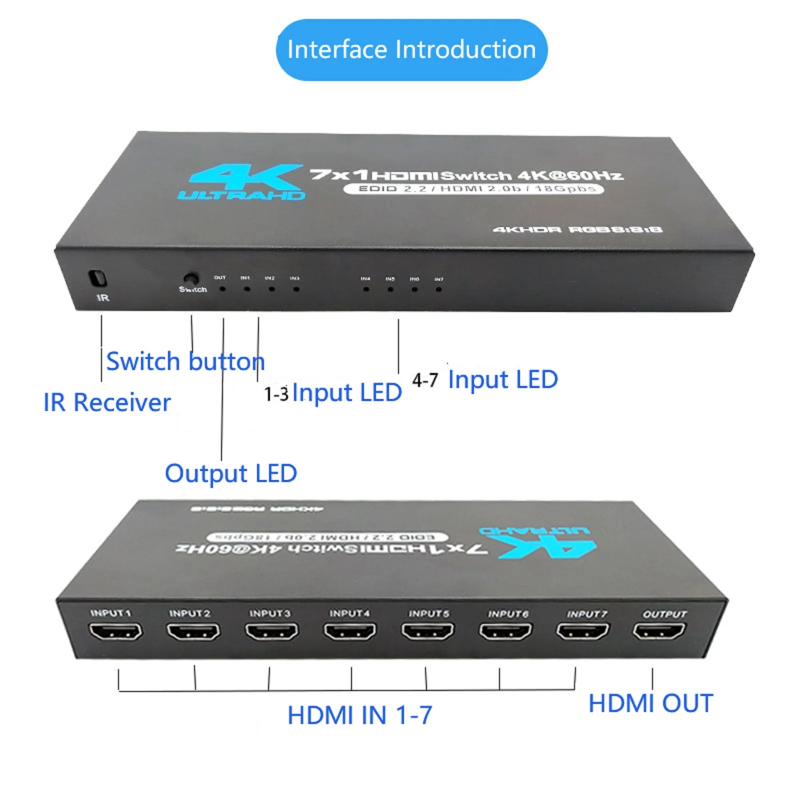 Фото Коммутатор 7 портов HDMI 2,0 4K @ 60 Гц 7x1 HDMI 2,0 переключатель с ИК-пультом дистанционного управления аудио и видео преобразователь 7 в 1 выход поддержка HDR и HDCP 2,2 DC5V №4