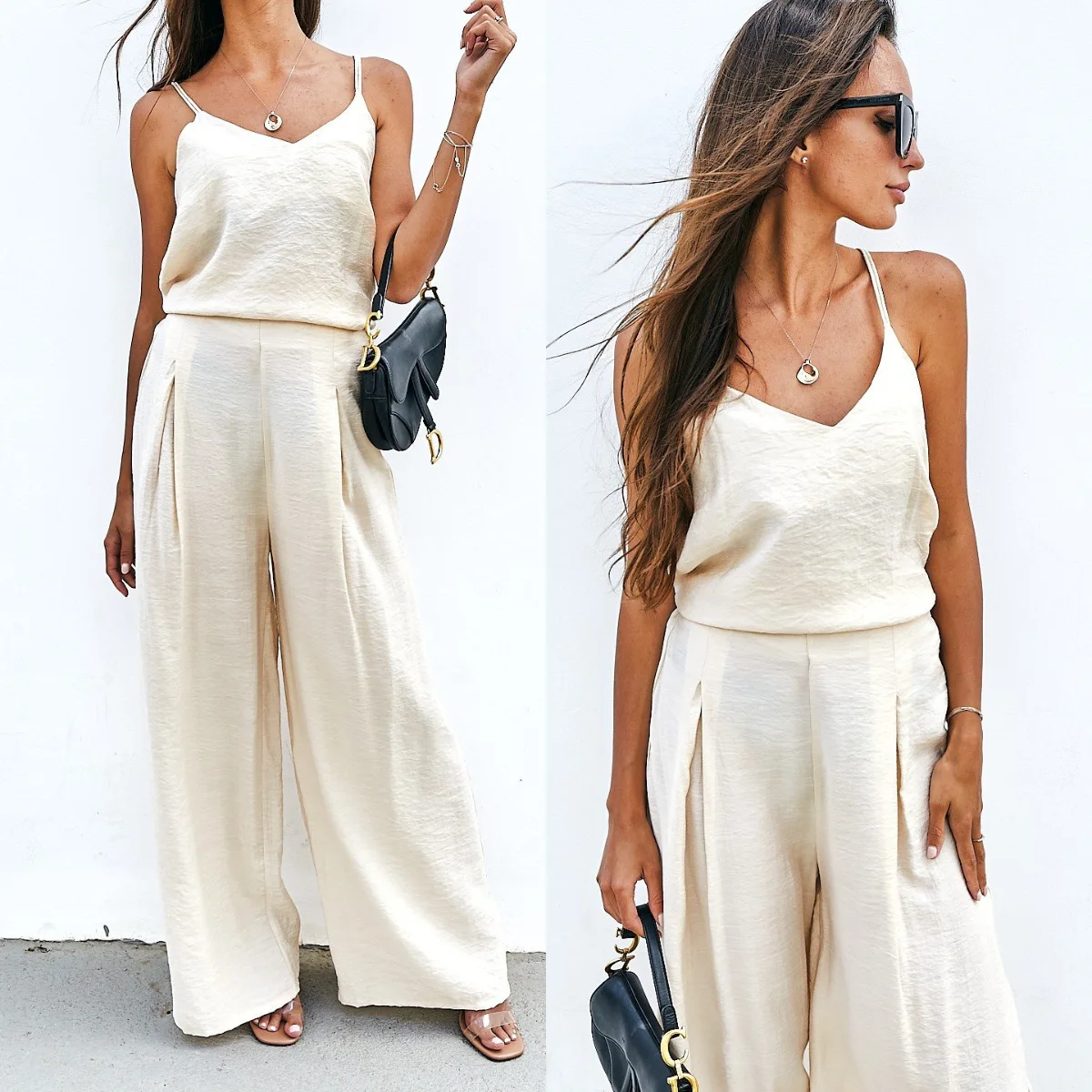 

2022 женский хлопковый однотонный спортивный костюм для отдыха топ на бретельках свободные штаны дышащий и быстросохнущий комплект из 2 предметов весна/осень