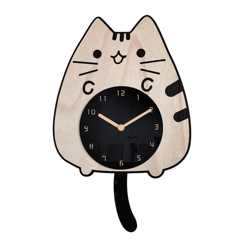 

Mute Wooden Clock Cartoon Wagging Tail Cat Home Bedroom Living-Room Office Decors Creative- Wall Clock Operated
