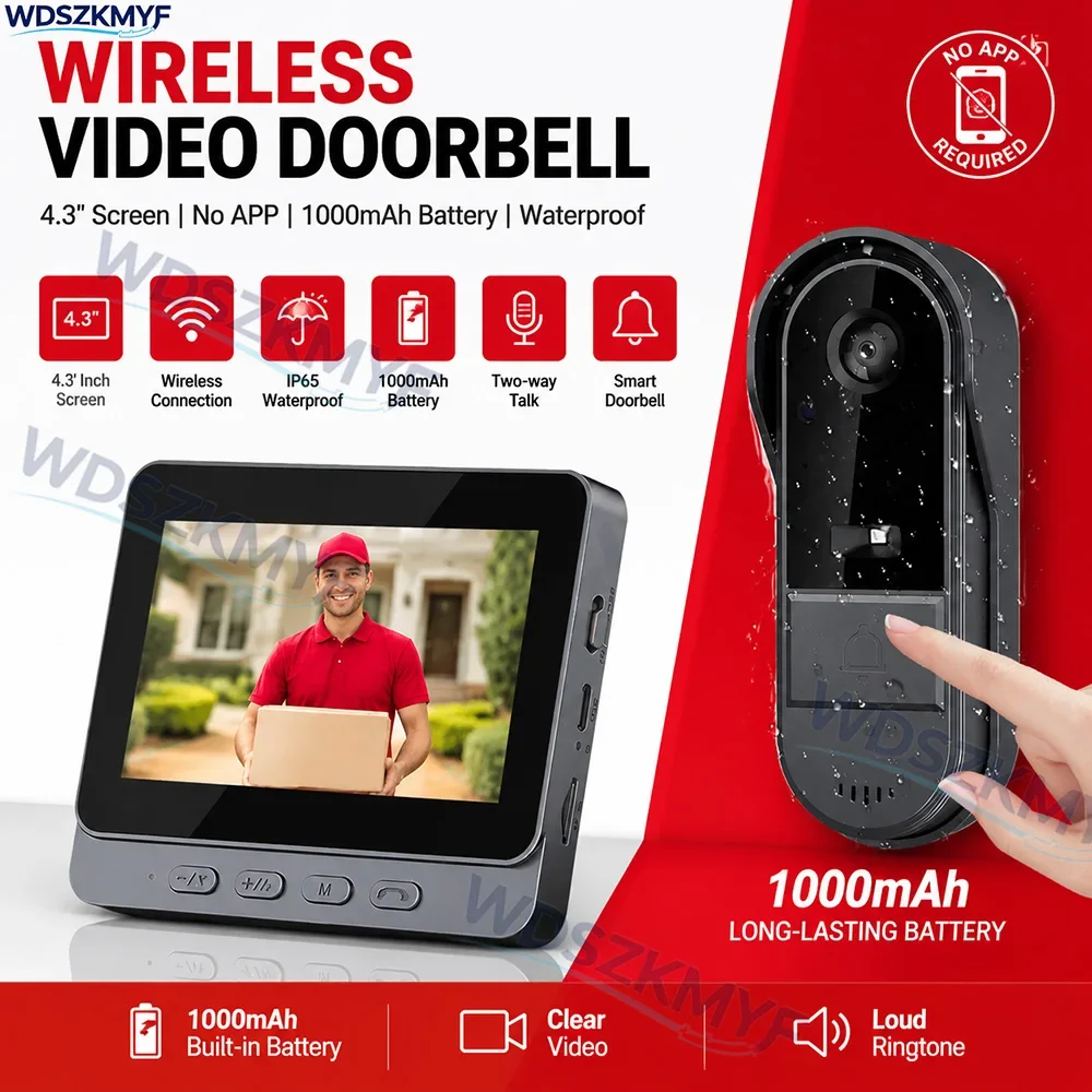 Campanello Wireless WiFi con Telecamera 1080P, Videocitofono Impermeabile, Schermo IPS da 4,3 Pollici, Campanello di Sicurezza Domestica con Visione Notturna IR