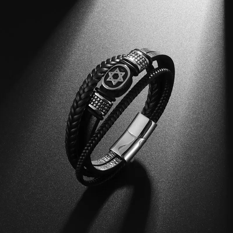 European and American Fashion Stainless Steel Star of David Multilayer Leather Braid Bracelet Men's Charm Amulet Jewelry bracelet jewelry
