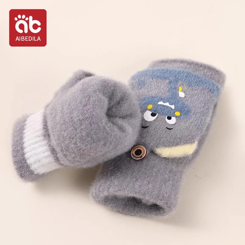 AIBEDILA Children Five Finger Gloves Winter Boy Thickened Half Finger Mittens Girl Kids Knitted Mitten Cartoon Warm Flip Gloves