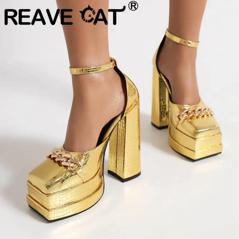 

REAVE CAT Women Pumps Square Toe Chunky Heel 14cm Double Platform 5cm Buckle Strap Stone Pattern Big Size 44 45 Chain Party Shoe