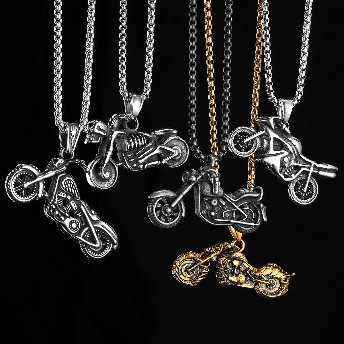 Motorcycle series stainless steel pendant necklace collection showing multiple design options