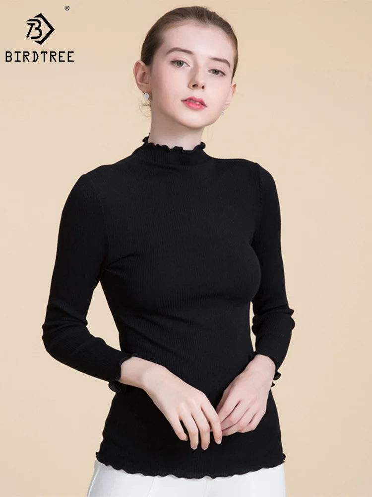 

Birdtree 100% Wool Basics Undershirt Turtleneck Ruched Long Sleeve All-Match Warm Sweater Tops Autumn Winter Pullovers P38933QM