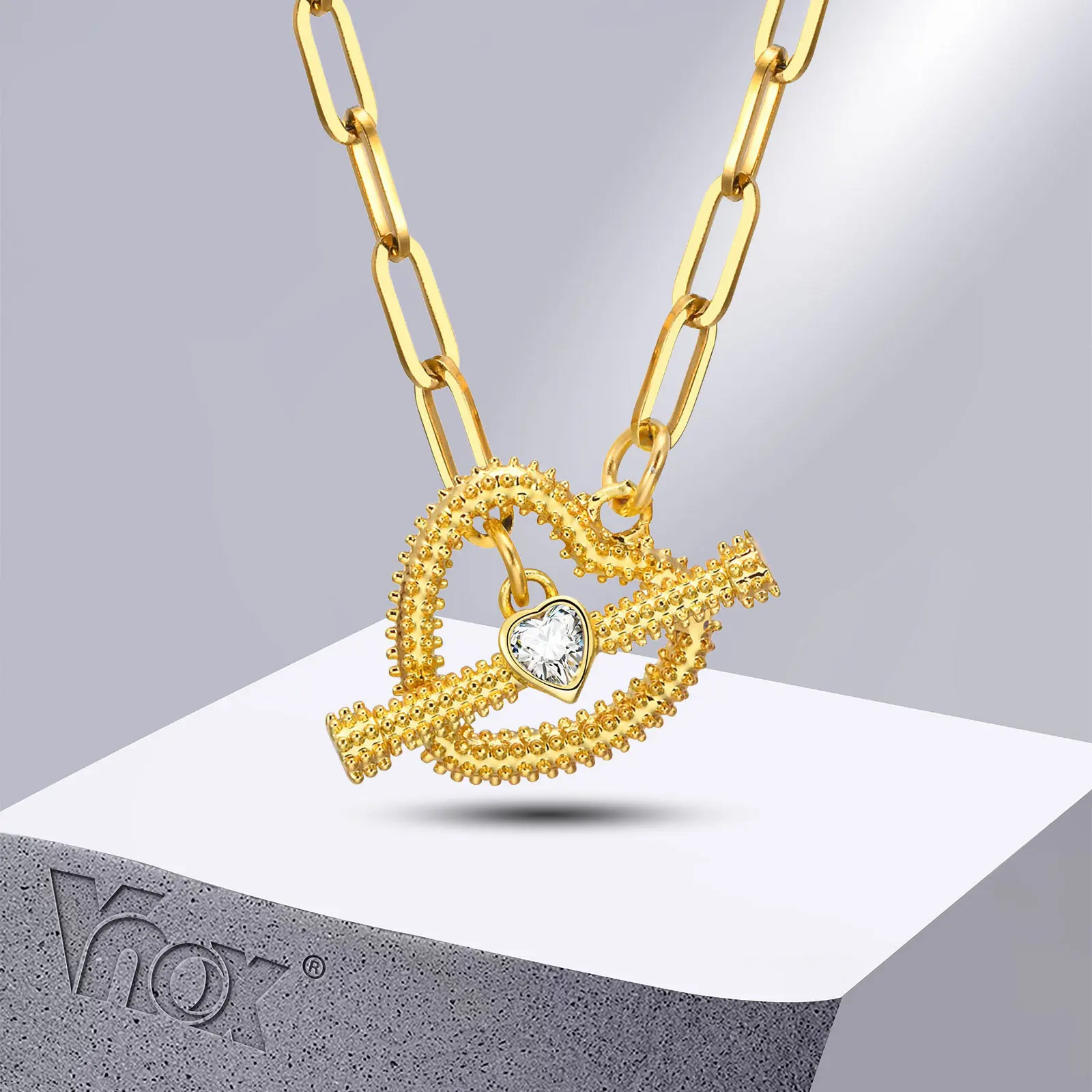 Vnox Slide Heart Toggle Clasp Necklaces for Women, Heart Love CZ Stone Inlayed Charm Pendant Choker, Rectangle Chain Collar