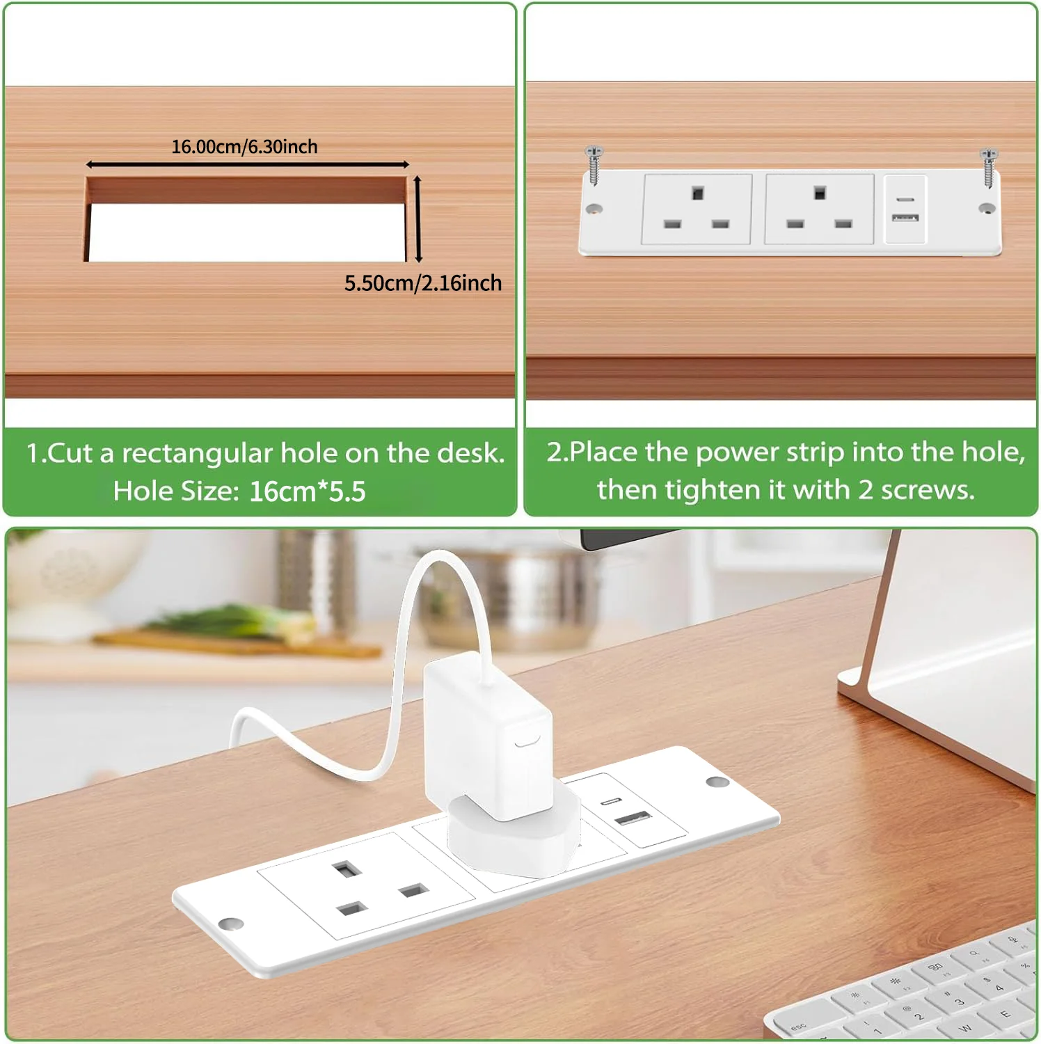 영국 플러그 매립형 전원 스트립 2개 콘센트 USB-C/USB-A 1.5M/59.05인치 전원 코드 공간 절약형 책상/카운터/가구용 간편 설치