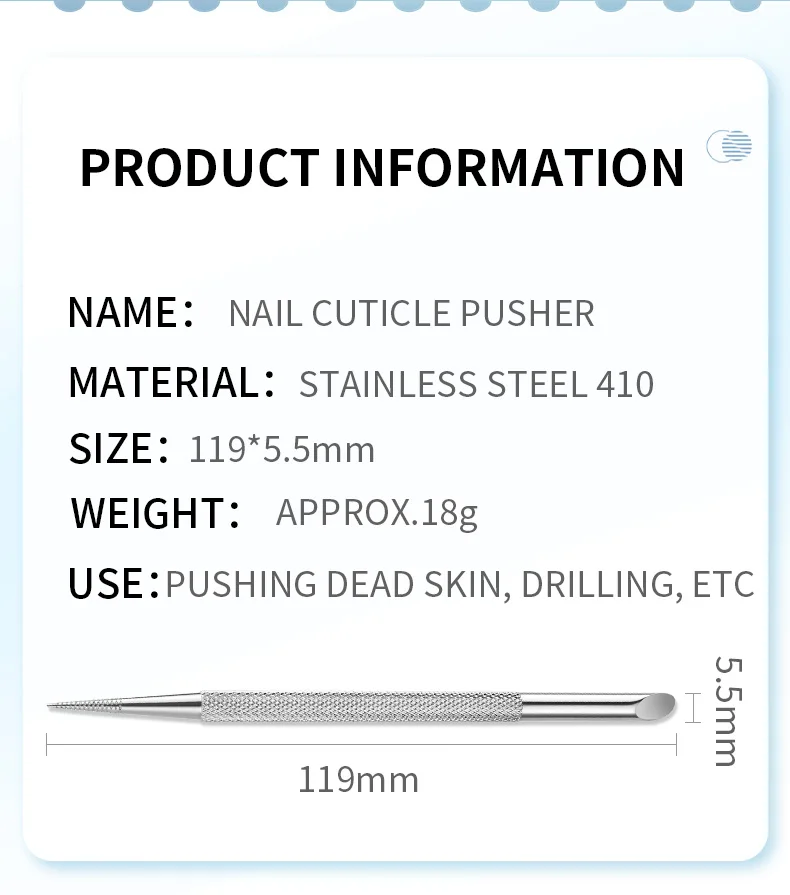 Description Picture 3 of itemNail Double-Ended Stainless Steel Circle Beveled Head Cuticle Pusher Remover Manicure Sticks Nail Dotting Tools Cuticle Scissors