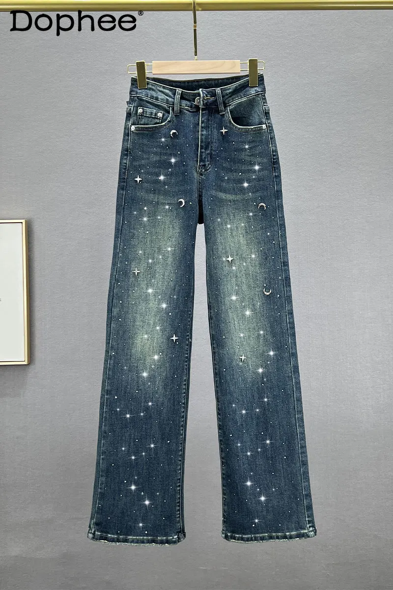 

Heavy Embroidery Hot Drilling Jeans Women Denim Pants 2023 New Fall High Waist Loose Slimming Wide Leg Pants Baggy Trousers