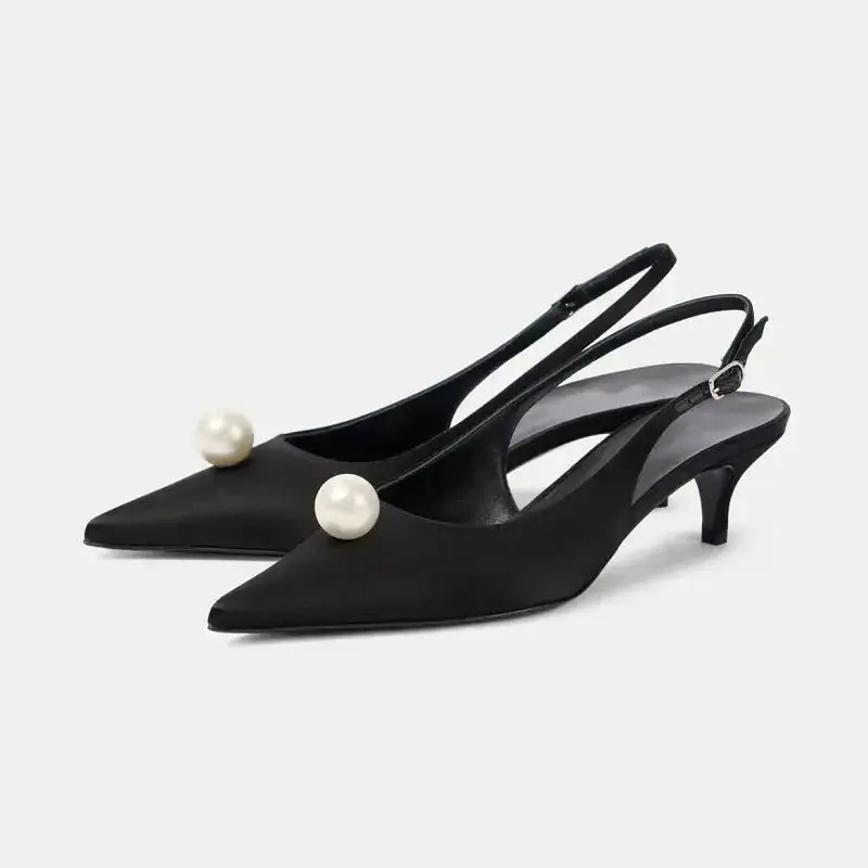 New Sexy Women Kitten Heels Pumps Shoes Sandals Slingbacks Satin Pointed Toe Party Wedding Pearls Shoe Office Black 34-45
