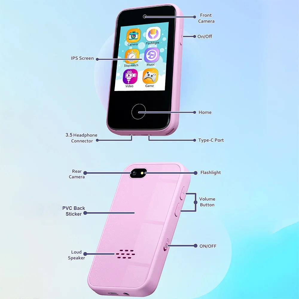Dual Camera Children's Electronic Toy Mobile Phone Type-C Charging IPS Touch Model HD Photo Recording MP3 Player for Children's