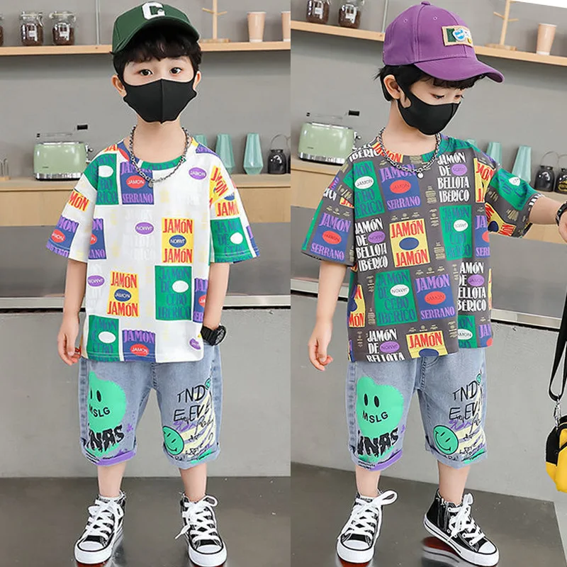 

Boys' Summer Clothes Set 2023 Children' Fashion Printed Letter Cartoon Short Sleeve + Denim Shorts 2 Pcs Set 3-12Y