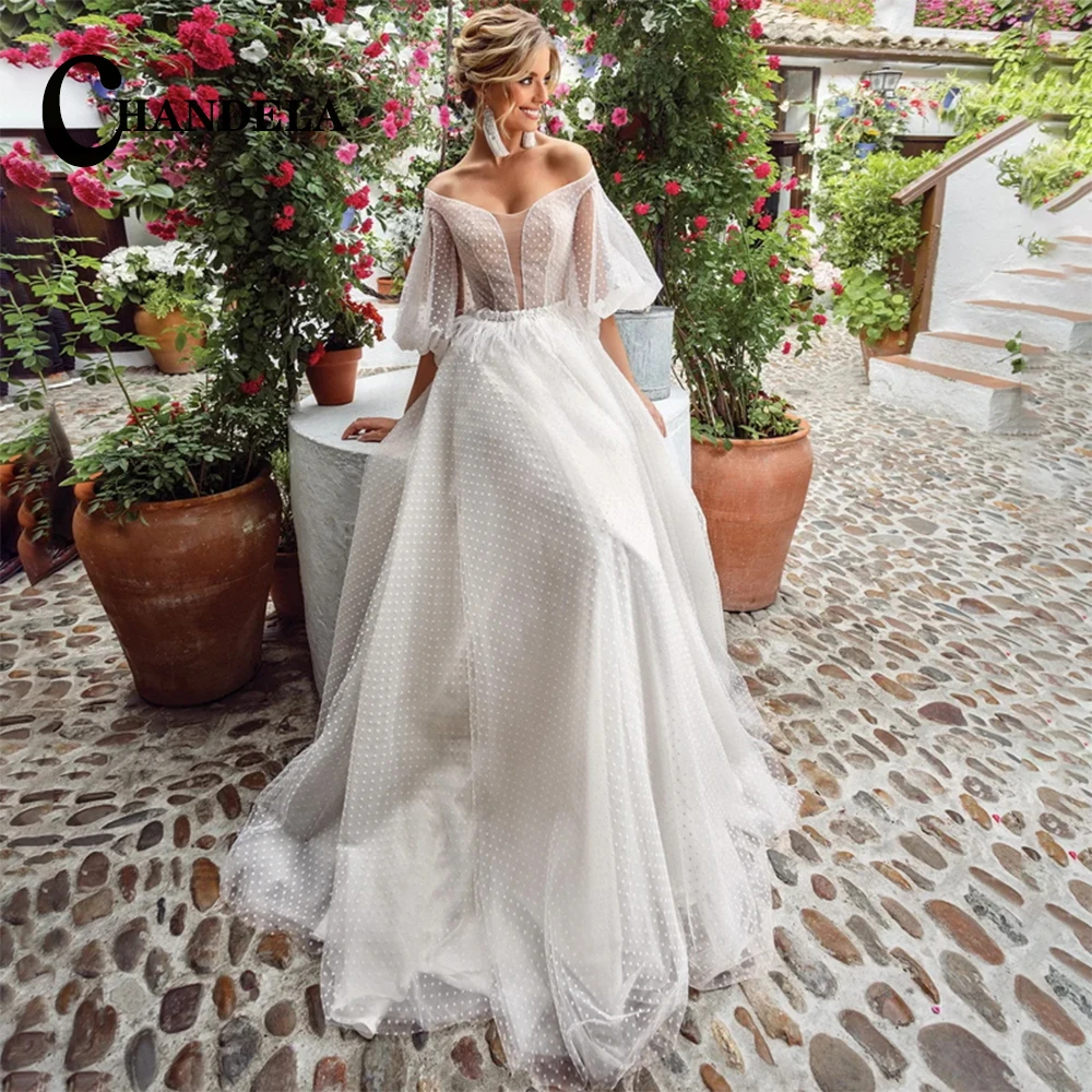 

CHANDELA Tulle Chic Scoop Puff Sleeve Backless Pleat A-Line Illusion Wedding Dresses 2023 Bride Personalised Robe De Mariée