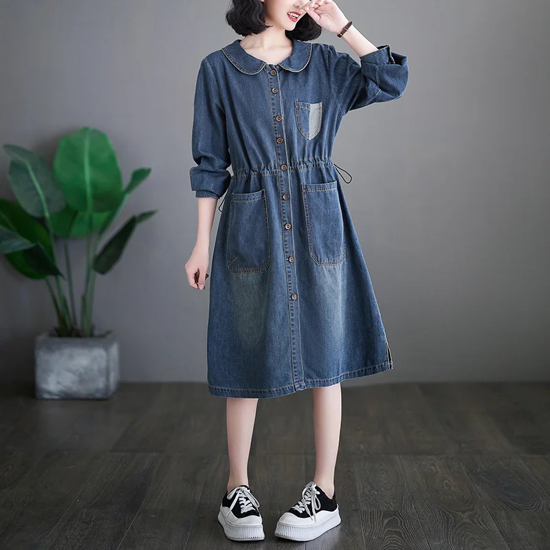 

#2160 Spring Autumn Vintage Denim Shirt Dress Women Drawstring Waisted Jeans Dress Long Sleeve Loose Peter Pan Collar Buttons